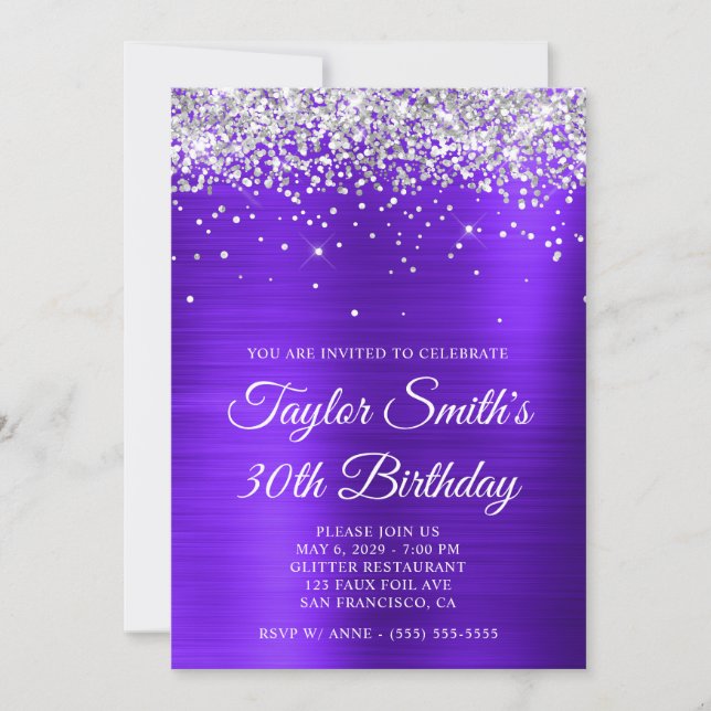 Invitación Purpurina de Plata Violet Purple 30 cumpleaños (Anverso)
