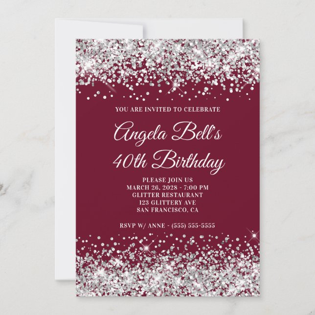 Invitación Purpurina de plata y cumpleaños 40 de Borgoña (Anverso)