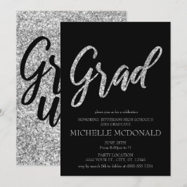 Invitación Purpurina de plata y fiesta de graduación negra