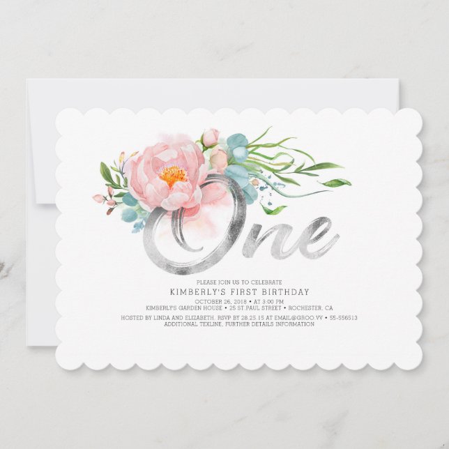 Invitación Purpurina de Plata y Flores Rosa Rubor Primer cump (Anverso)