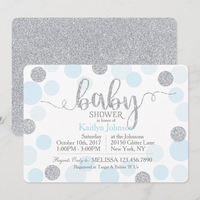 Invitación Purpurina de plata y puntos dispersados azul Baby (Anverso / Reverso)