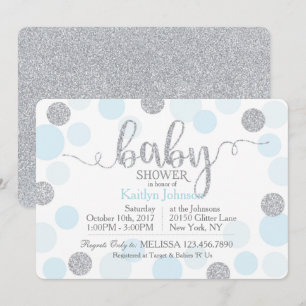 Invitación Purpurina de plata y puntos dispersados azul Baby
