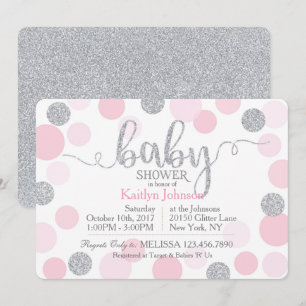 Invitación Purpurina de plata y puntos dispersados rosa Baby