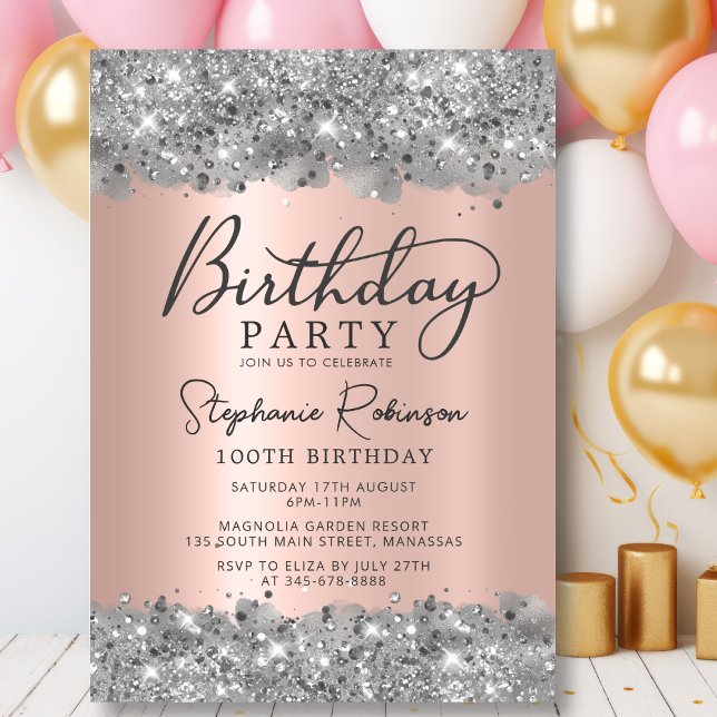 Invitación Purpurina de Plata y Rosa Oro Metalizado 100 cumpl (Subido por el creador)