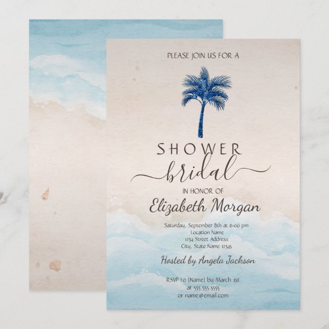 Invitación Purpurina de playa tropical Palm Bridal Shower (Anverso / Reverso)