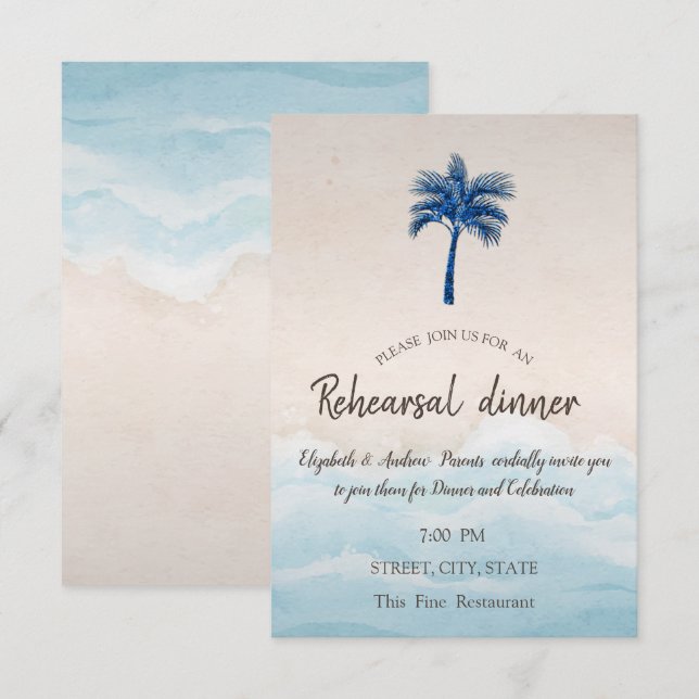 Invitación Purpurina de playa tropical Palm Ensayo Cena (Anverso / Reverso)