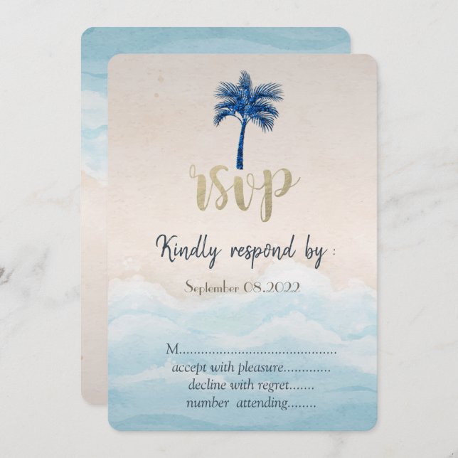 Invitación Purpurina de playa tropical Palm Wedding RSVP (Anverso / Reverso)