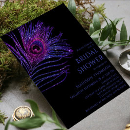 Invitación Purpurina de plumas de pavo real Ducha de novia mo
