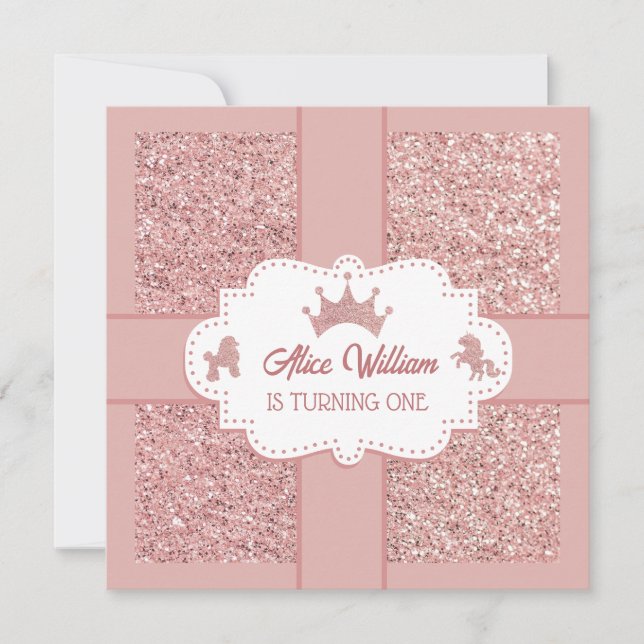 Invitación Purpurina de princesa blanda rosa brillante cumple (Anverso)