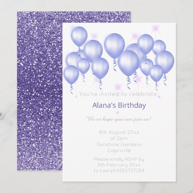 INVITACIÓN PURPURINA DE PURPLE DE BALLÓN MODERNO ELGANTE (Anverso / Reverso)