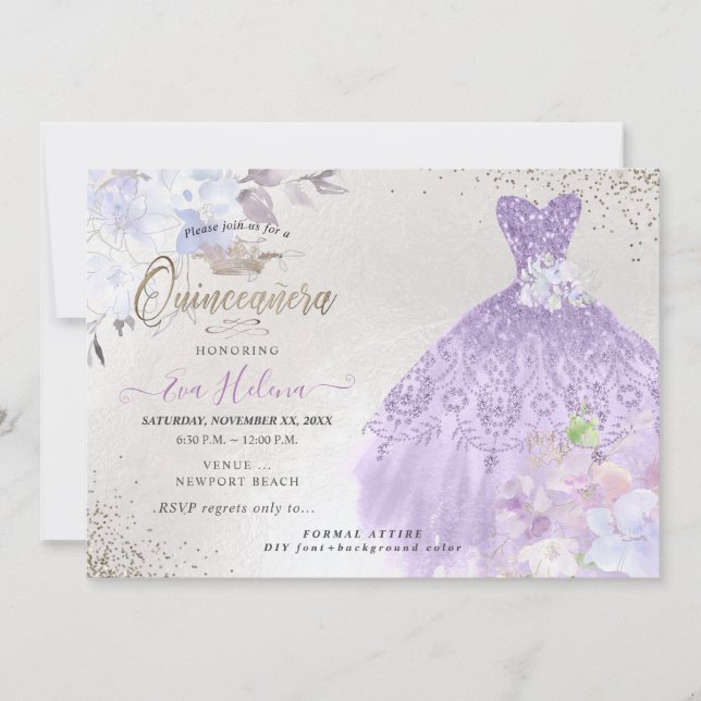 Invitación Purpurina de Quinceañera con moño morado lilaco (Anverso)