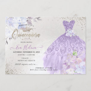 Invitación Purpurina de Quinceañera con moño morado lilaco