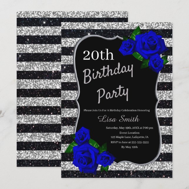 Invitación Purpurina de rayas negras Rosas azul profundo (Anverso / Reverso)