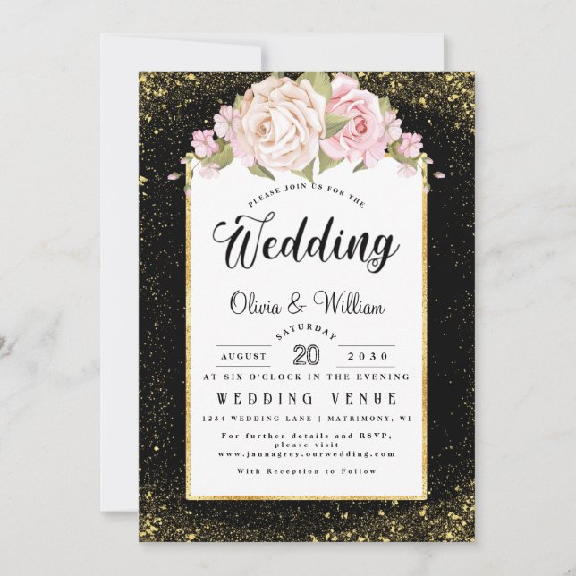 Invitación Purpurina de Relieve metalizado floral de presupue (Anverso)