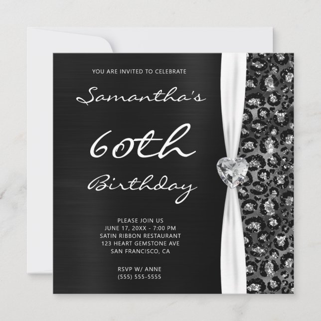 Invitación Purpurina de Relieve metalizado plateado Negro Leo (Anverso)