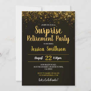 Invitación Purpurina de retiro de sorpresas de oro Fiesta neg