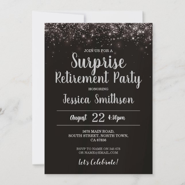 Invitación Purpurina de retiro sorpresa de plata Fiesta negro (Anverso)
