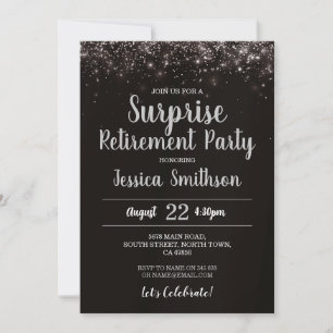 Invitación Purpurina de retiro sorpresa de plata Fiesta negro