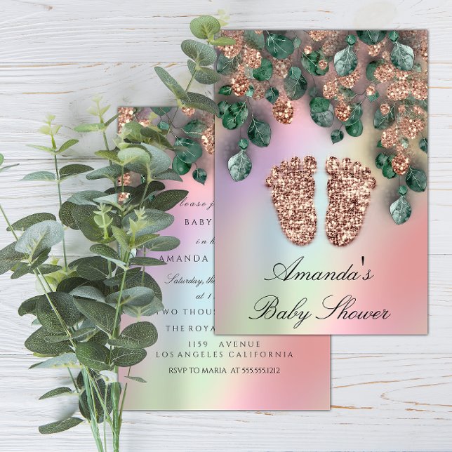 Invitación Purpurina de Rosa de pies Purpurina de Baby Shower (Baby Shower Glitter Feet Rose Glitter Green Invitation)