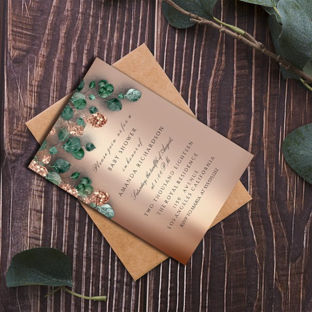 Invitación Purpurina de Rosas de pies Purpurina de Baby Showe (Baby Shower Glitter Feet Rose Glitter Eucalyptus Invitation)