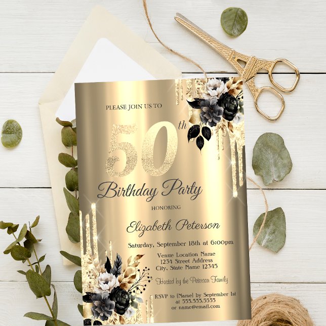 Invitación Purpurina de Rosas negros delata oro 50 cumpleaños (Subido por el creador)