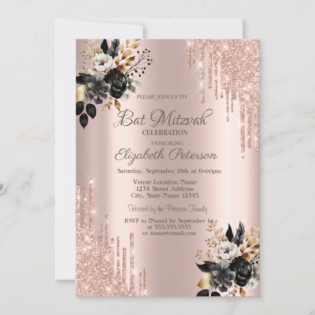 Invitación Purpurina de Rosas negros gotea Rosa barra de oro  (Anverso)