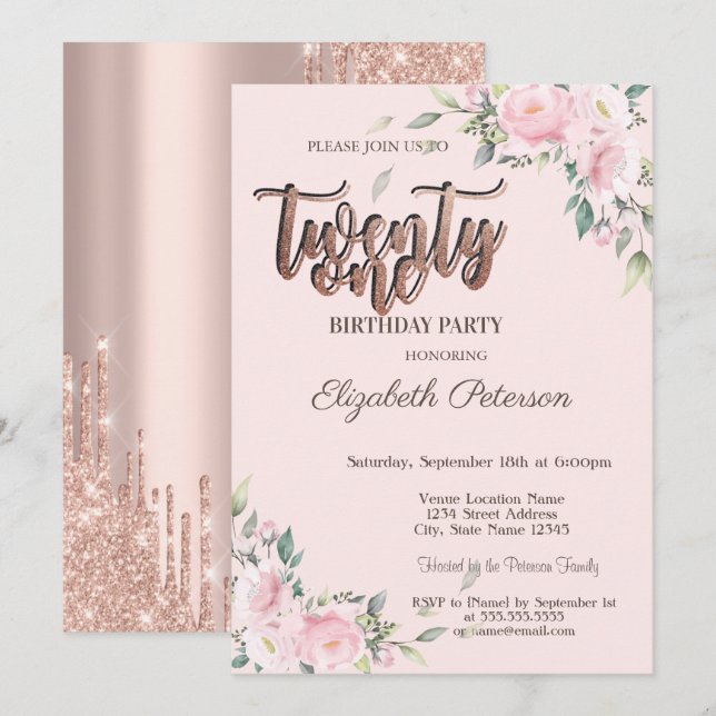 Invitación Purpurina de rosas rosas rosadas gotea oro Rosa 21 (Anverso / Reverso)