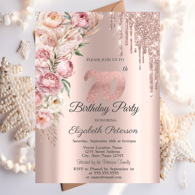 Invitación Purpurina de rosas rosas rosadas gotea oro Rosa Or (Subido por el creador)