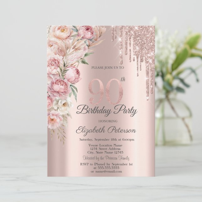 Invitación Purpurina de rosas rosas rosadas gotea oro Rosa Or (Anverso de pie)