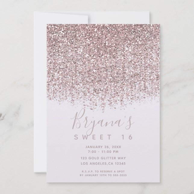 Invitación Purpurina de Rubor Rosa Sparkly Dulce 16 Fiesta (Anverso)