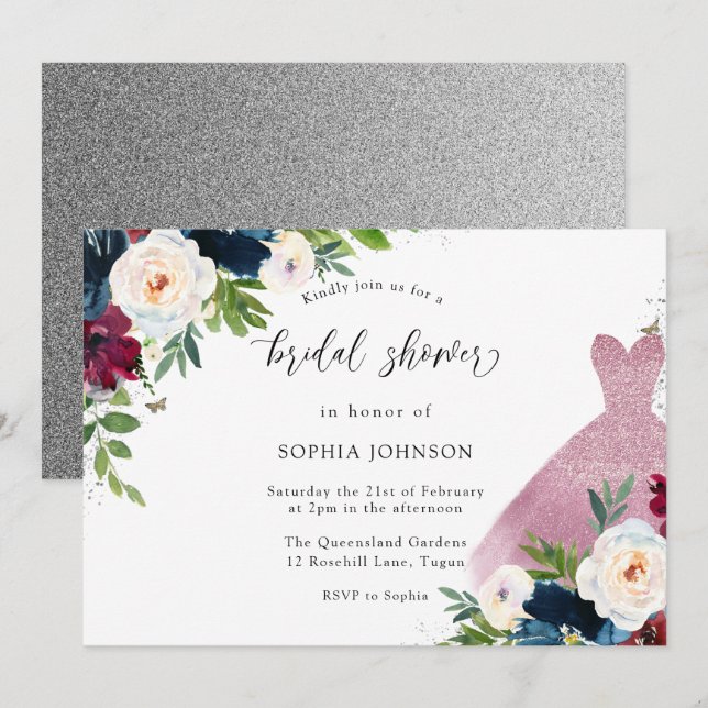 Invitación Purpurina de Rubor Vestido Borgoña y ducha de novi (Anverso / Reverso)