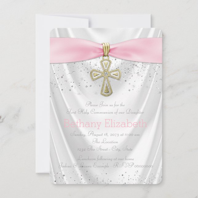 Invitación Purpurina de satén blanco de la primera comunicaci (Anverso)