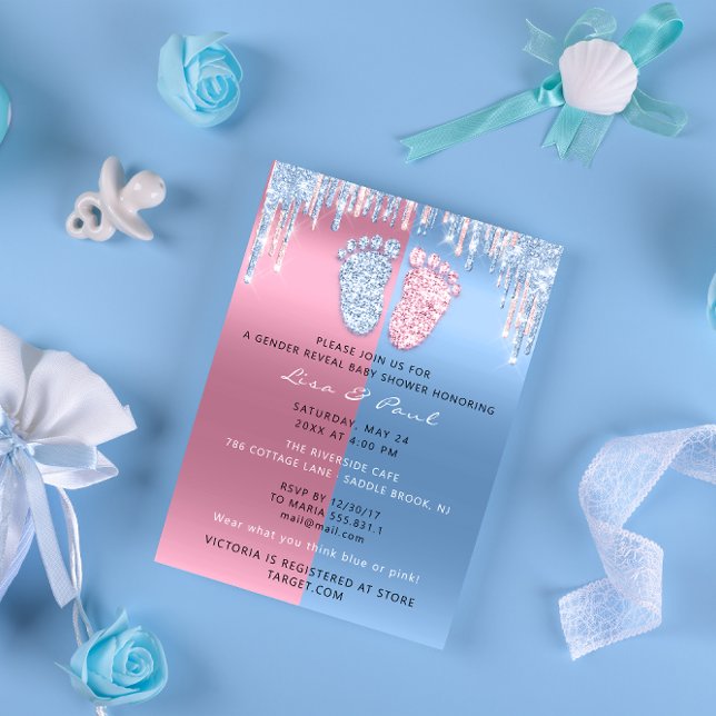 Invitación Purpurina de sexo revelar goteoNiño azul rosa Chic (Subido por el creador)