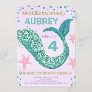 Invitación Purpurina de sirena cola rosa morado cumpleaños ve