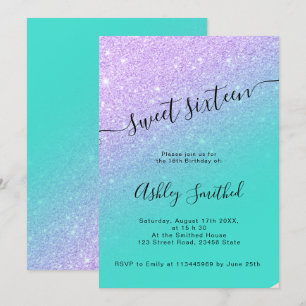 Invitación purpurina de sirena turquesa moda oscura dulce 16