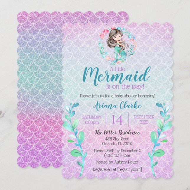Invitación Purpurina de sirenas Chicas morados rosados azul B (Anverso / Reverso)