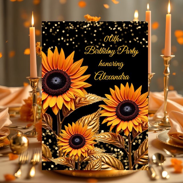 Invitación Purpurina de Sunflowers Naranja Gold Black Birday (Subido por el creador)