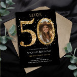 Invitación Purpurina de Surprise Gold 50.ª foto de cumpleaños<br><div class="desc">Plantilla de fiesta de fotografía Purpurina de oro por cumpleaños número 50. Disponible como descarga digital imprimible. descarga personalizado,  personalizada y editable</div>