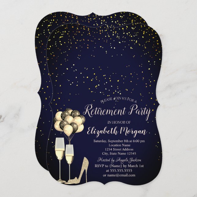 Invitación Purpurina de tacones altos, Fiesta de Jubilación A (Anverso / Reverso)
