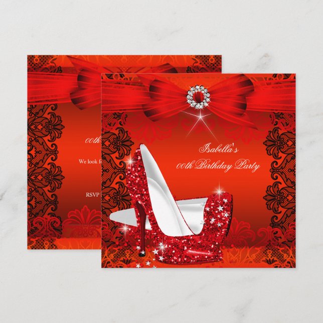 Invitación Purpurina de tacones altos Red Lace Diamond Silver (Anverso / Reverso)