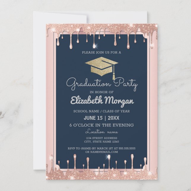 Invitación Purpurina de tapón de graduación Rosa de oro goteo (Anverso)