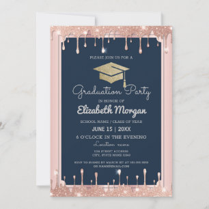 Invitación Purpurina de tapón de graduación Rosa de oro goteo