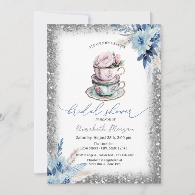 Invitación Purpurina de taza de té floral Frame Baby Shower (Anverso)