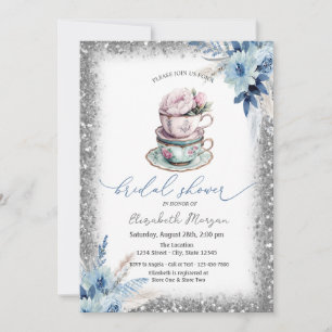 Invitación Purpurina de taza de té floral Frame Baby Shower