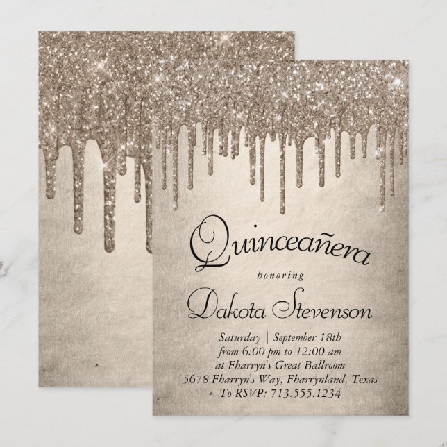 Invitación Purpurina de tazas de goteo | Champagne Quinceaner (Anverso / Reverso)