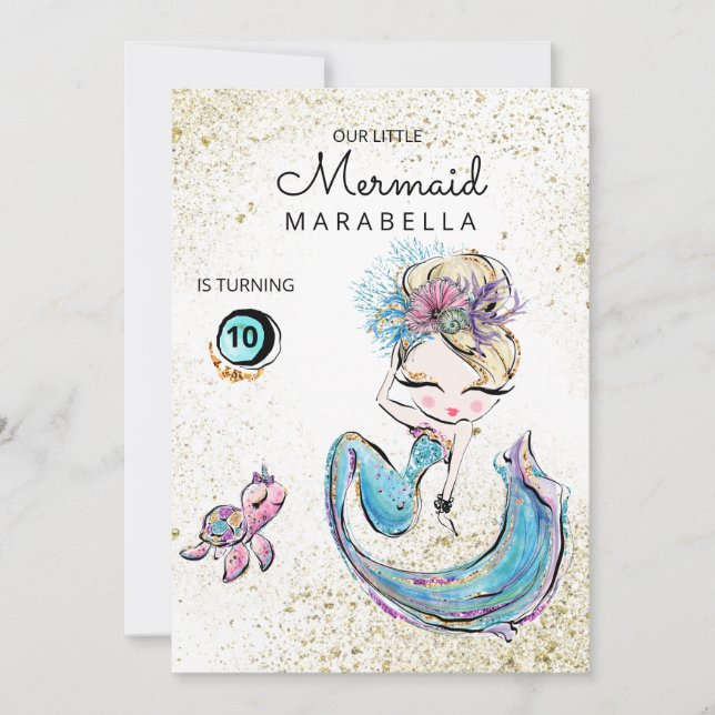 Invitación *~* Purpurina de tortuga marina de sirena rubia (Anverso)