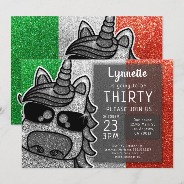 Invitación Purpurina de unicornio plateado Bandera italiana C (Anverso / Reverso)