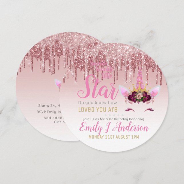Invitación Purpurina de unicornio rosa de oro de la estrella  (Anverso / Reverso)