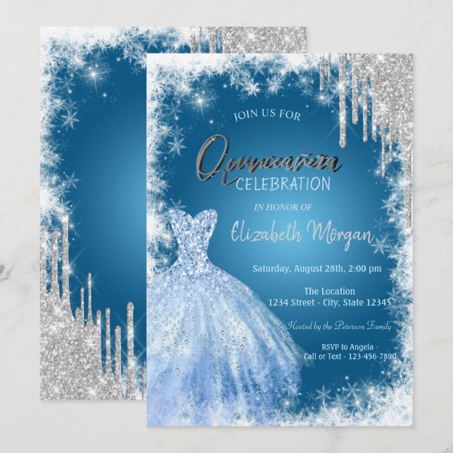 Invitación Purpurina de vestido azul gotea Quinceañera (Anverso / Reverso)
