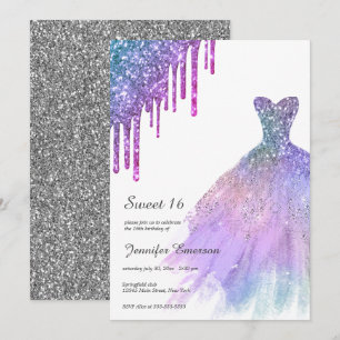 Invitación Purpurina de Vestido de Lluvia y plata gotea dulce